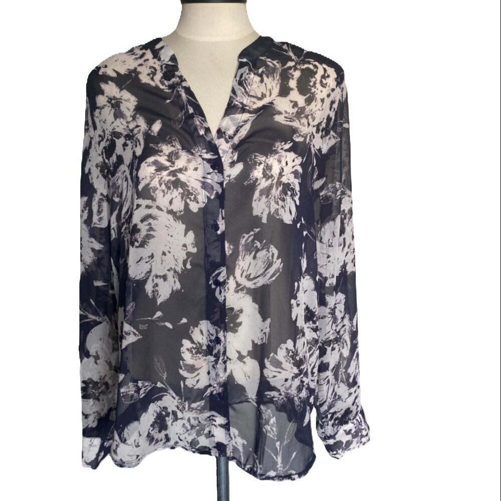 EUC BOHME Sheer Floral Button Down Blouse sz L